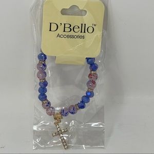 🎁 NWT! Blue & Red Beaded & CZ Diamond Gold Cross Stretch Bracelet